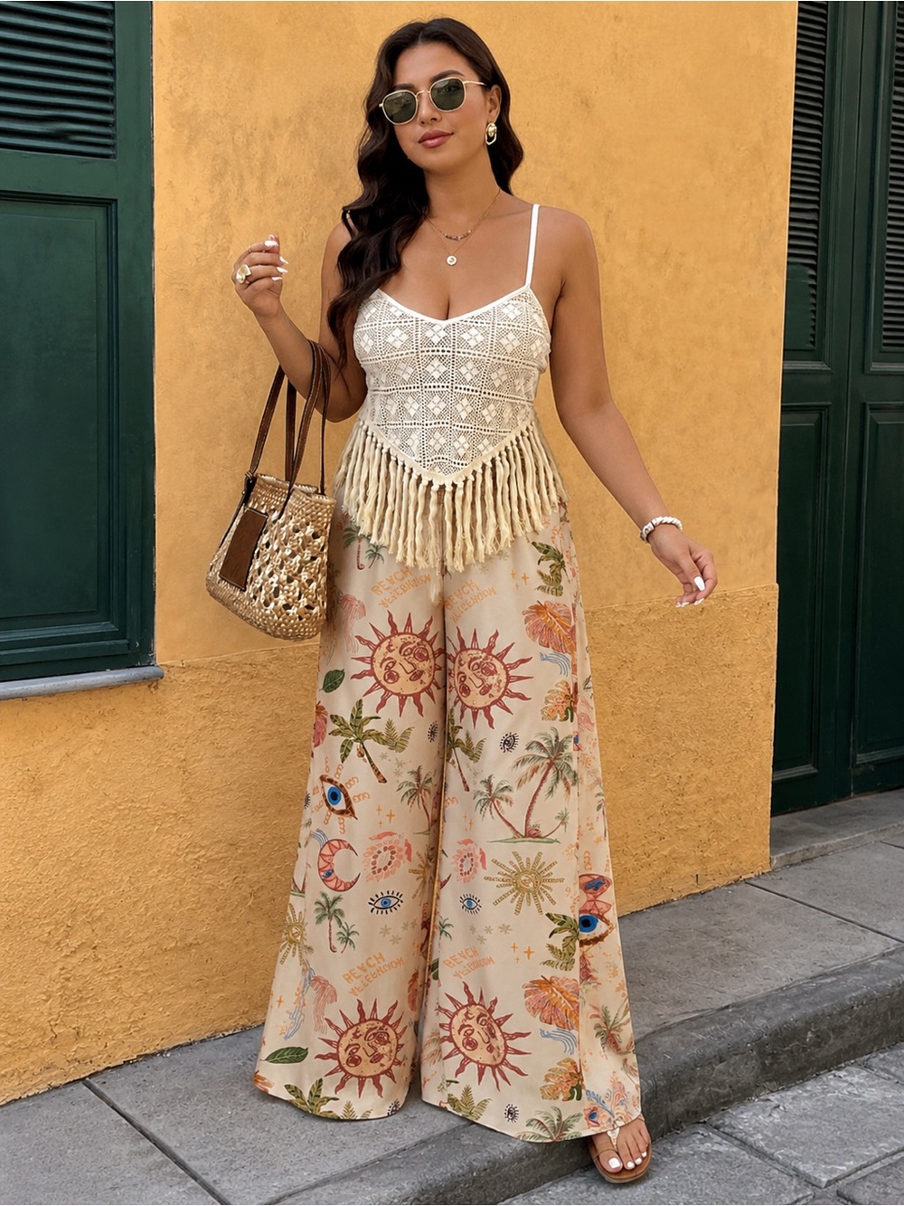 Boho Sun Print Wide-Leg Pants and Fringe Tank Outfit 2Xl